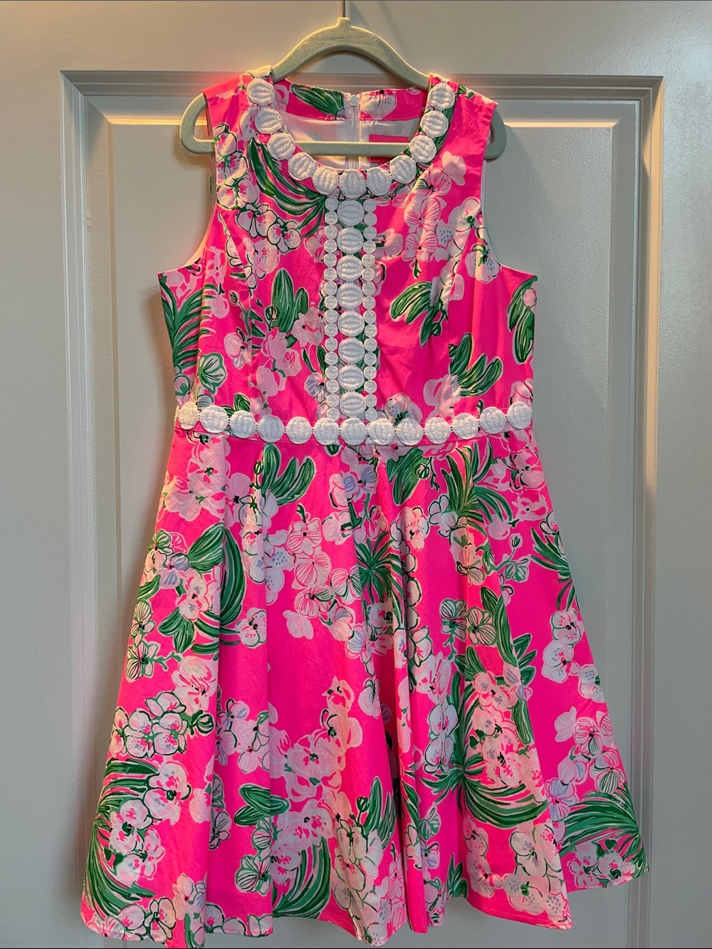 Lilly Pulitzer Hot Pink Floral Fit-and-Flare Dress with White Trim